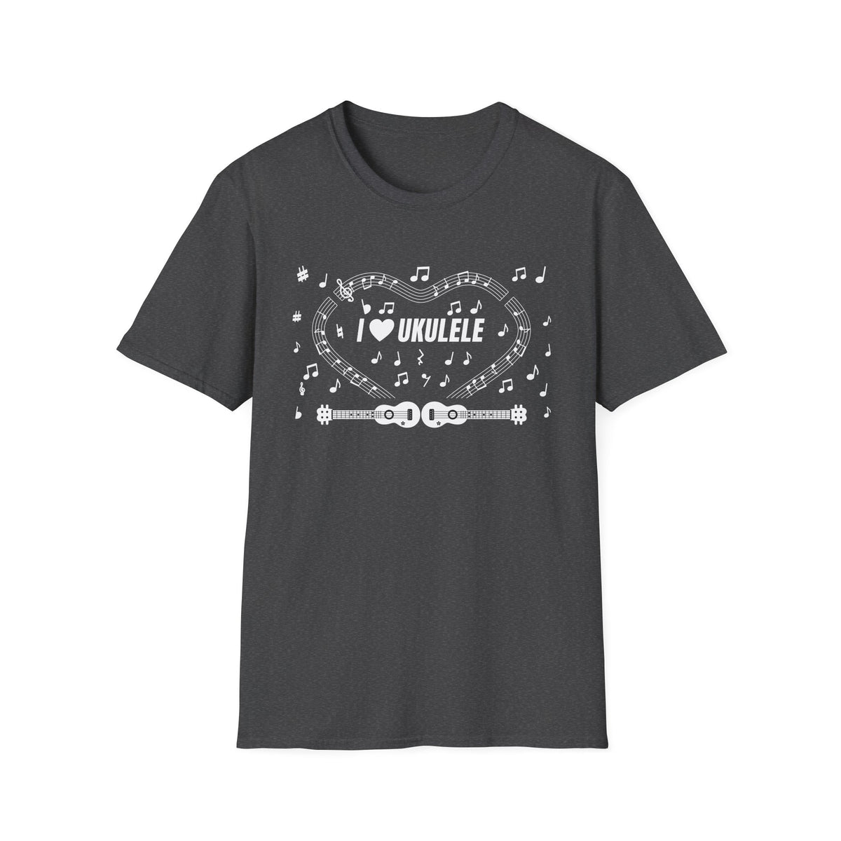 Music-themed Unisex Softstyle T-Shirt: 'I love ukulele' - black & white