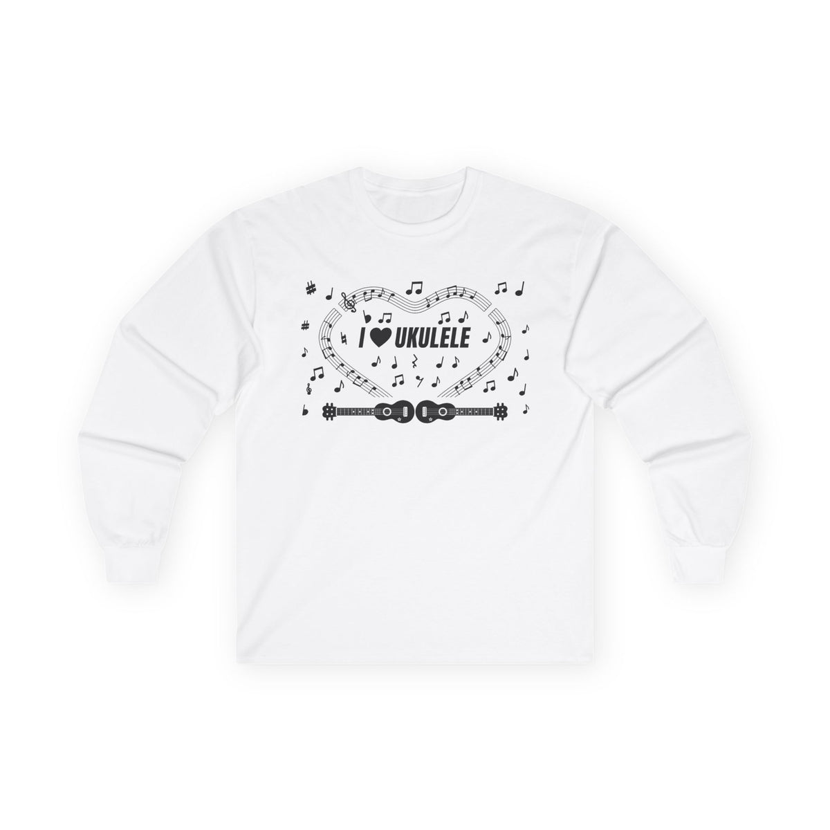 Music-themed Unisex Ultra Cotton Long Sleeve Tee: 'I love ukulele' - black on white