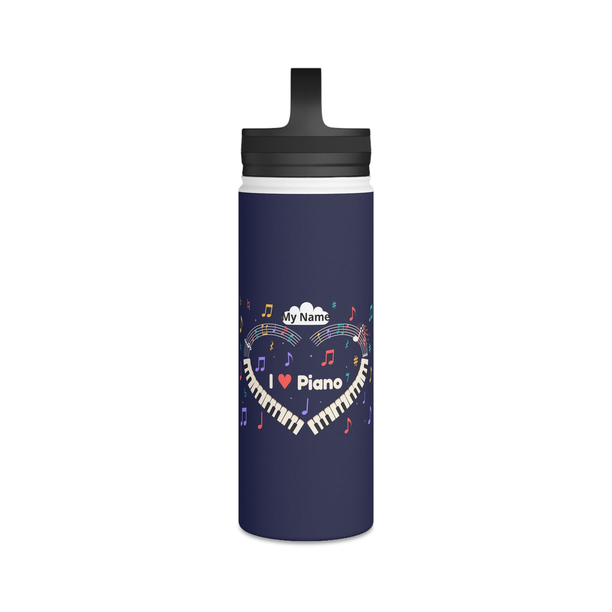 Music-themed Stainless Steel Water Bottle, Handle Lid: 'I love piano' heart - navy