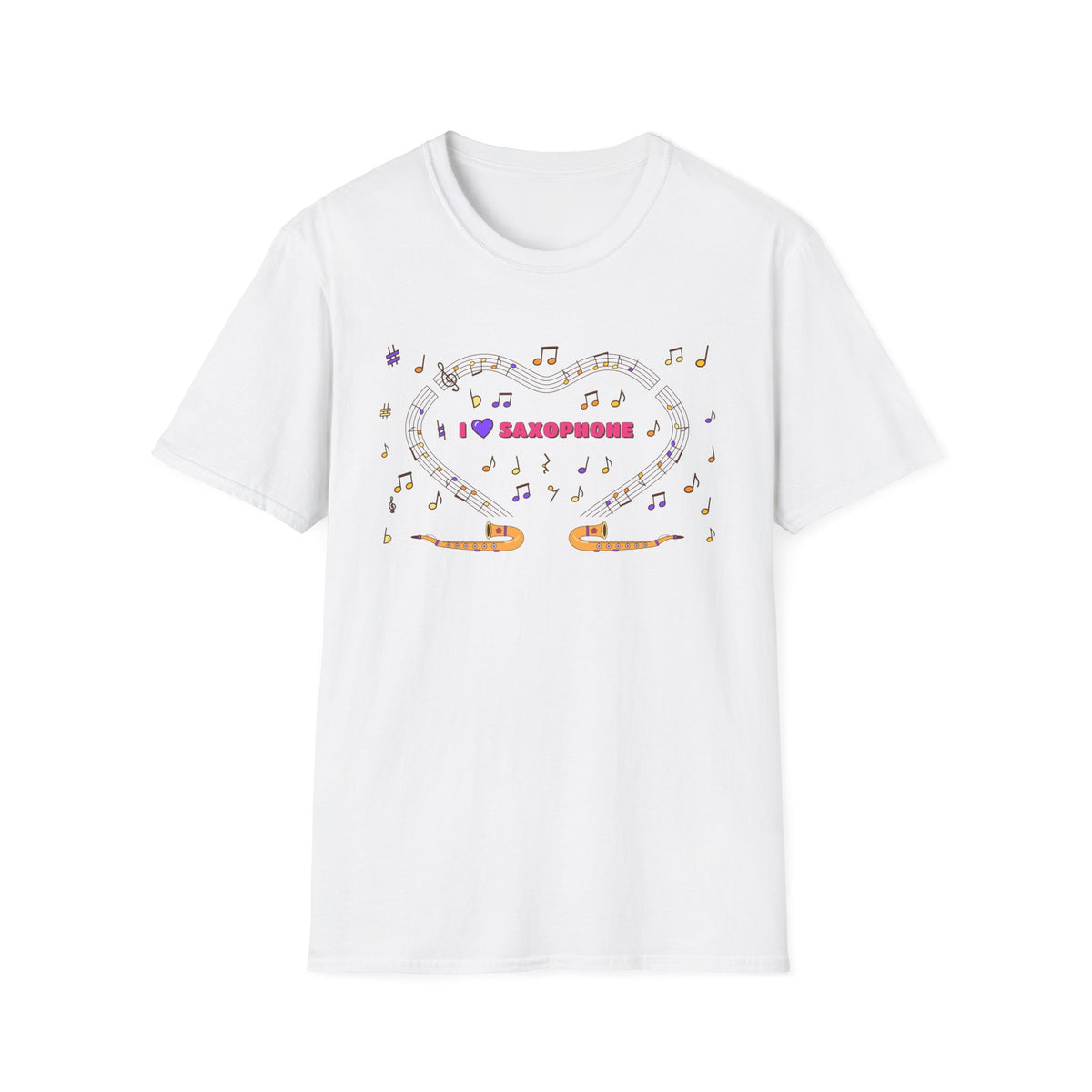 Music-themed Unisex Softstyle T-Shirt: 'I love saxophone' - pink