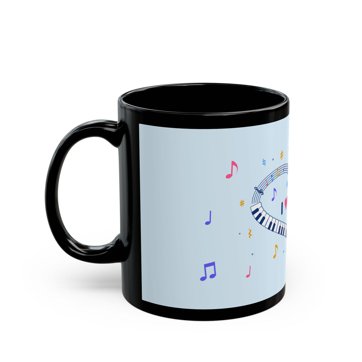 Music-themed Black Mug (11oz, 15oz): 'I love piano' heart - blue