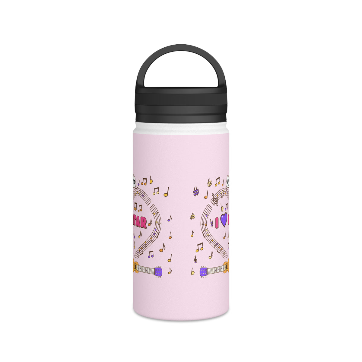 Music-themed Stainless Steel Water Bottle, Handle Lid: 'I love guitar' - pink