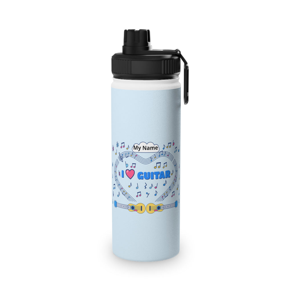 Music-themed Stainless Steel Water Bottle, Sports Lid: 'I love guitar' - blue