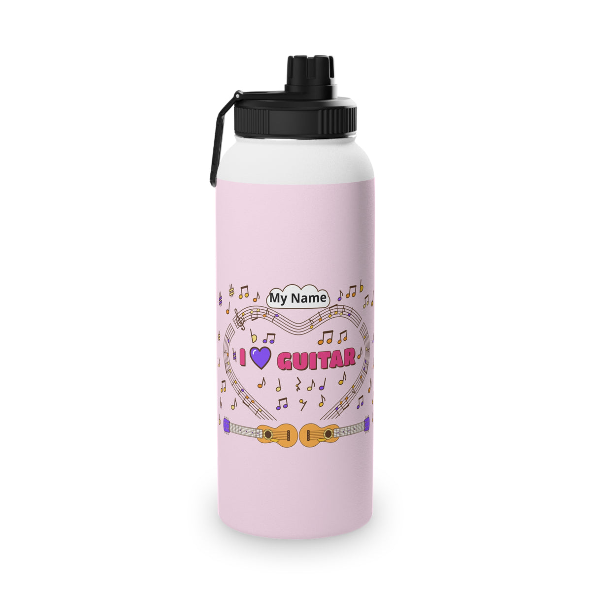 Music-themed Stainless Steel Water Bottle, Sports Lid: 'I love guitar' - pink