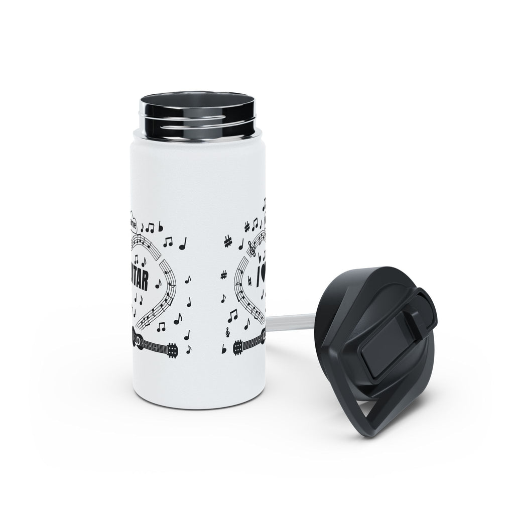Music-themed Stainless Steel Water Bottle, Standard Lid: 'I love guitar' - black on white
