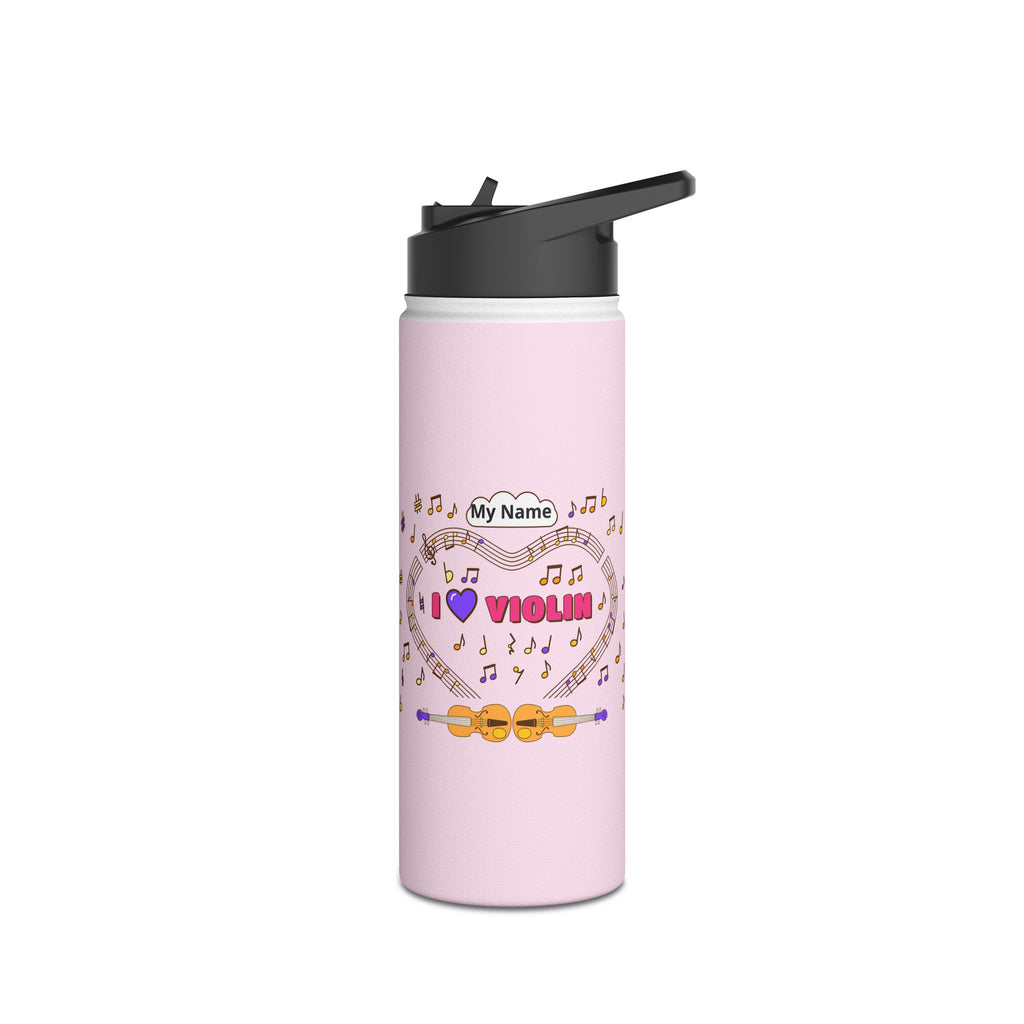 Music-themed Stainless Steel Water Bottle, Standard Lid: 'I love violin' - pink
