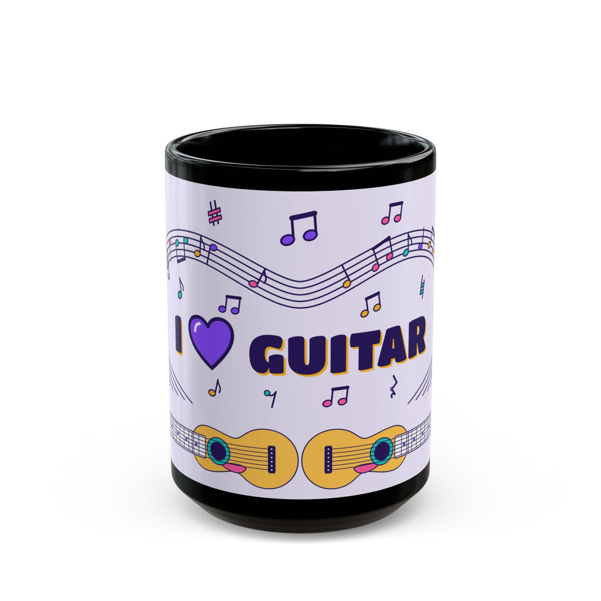 Music-themed Black Mug (11oz, 15oz): 'I love guitar' - violet