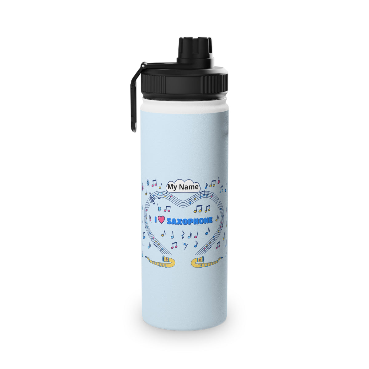 Music-themed Stainless Steel Water Bottle, Sports Lid: 'I love saxophone' - blue