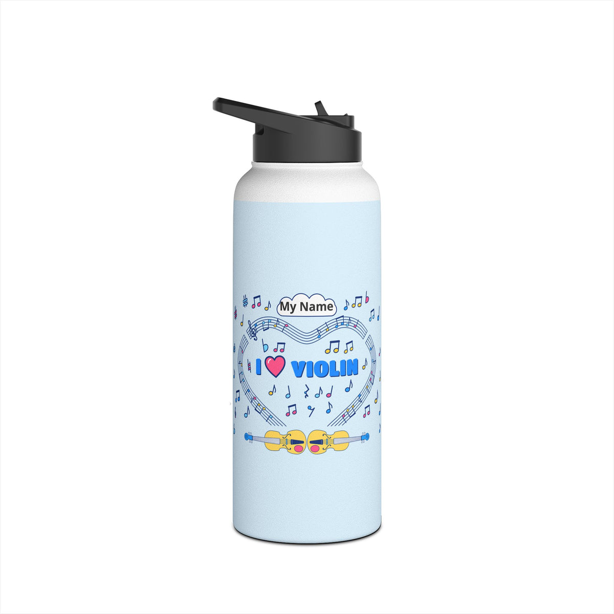 Music-themed Stainless Steel Water Bottle, Standard Lid: 'I love violin' - blue