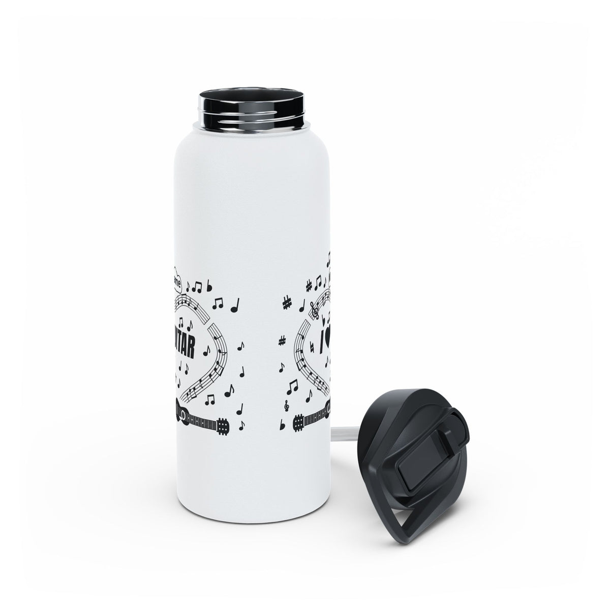 Music-themed Stainless Steel Water Bottle, Standard Lid: 'I love guitar' - black on white