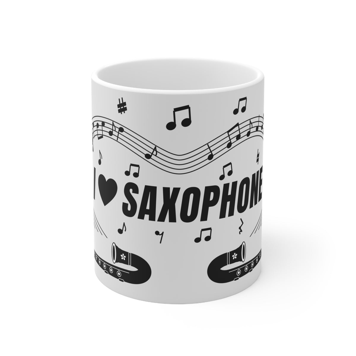 Music-themed Ceramic Mug, 11oz, 15oz: 'I love saxophone' - black on white