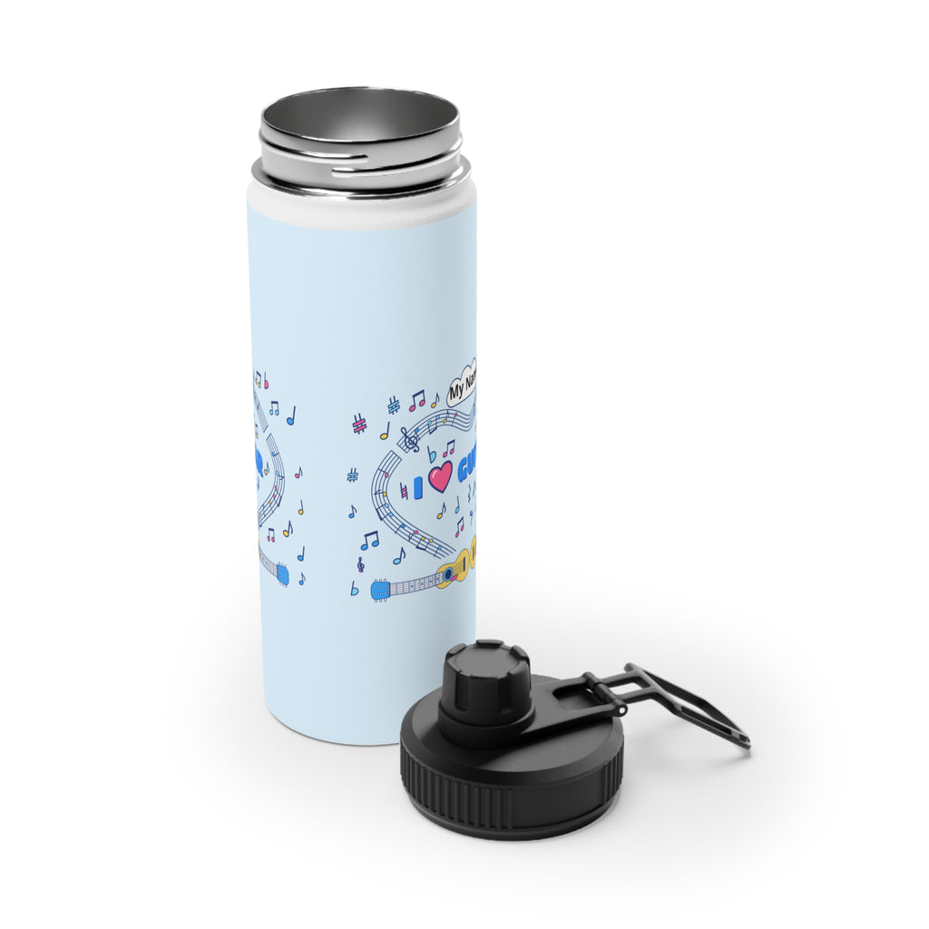 Music-themed Stainless Steel Water Bottle, Sports Lid: 'I love guitar' - blue