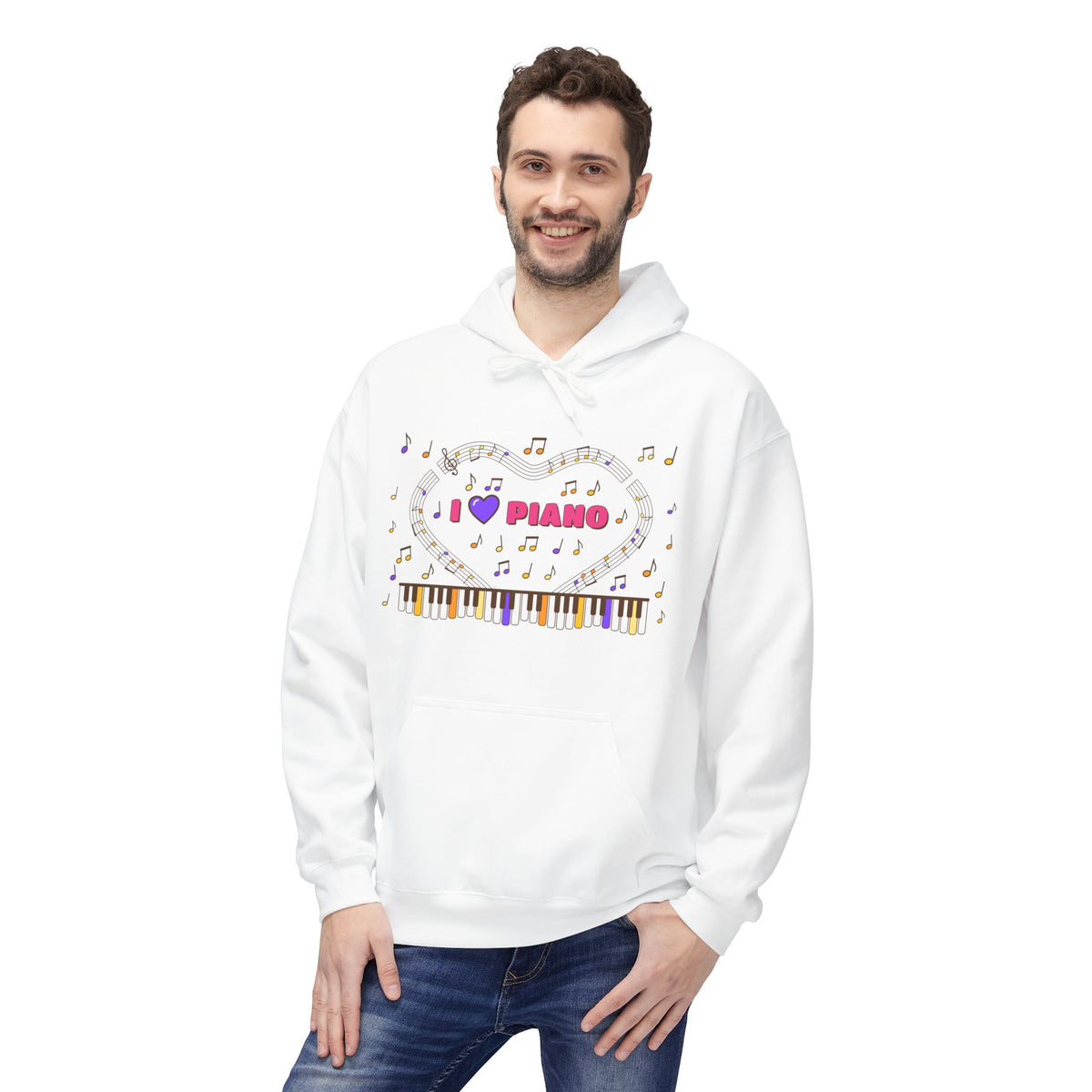 Music-themed Unisex Midweight Softstyle Fleece Hoodie: 'I love piano' - pink