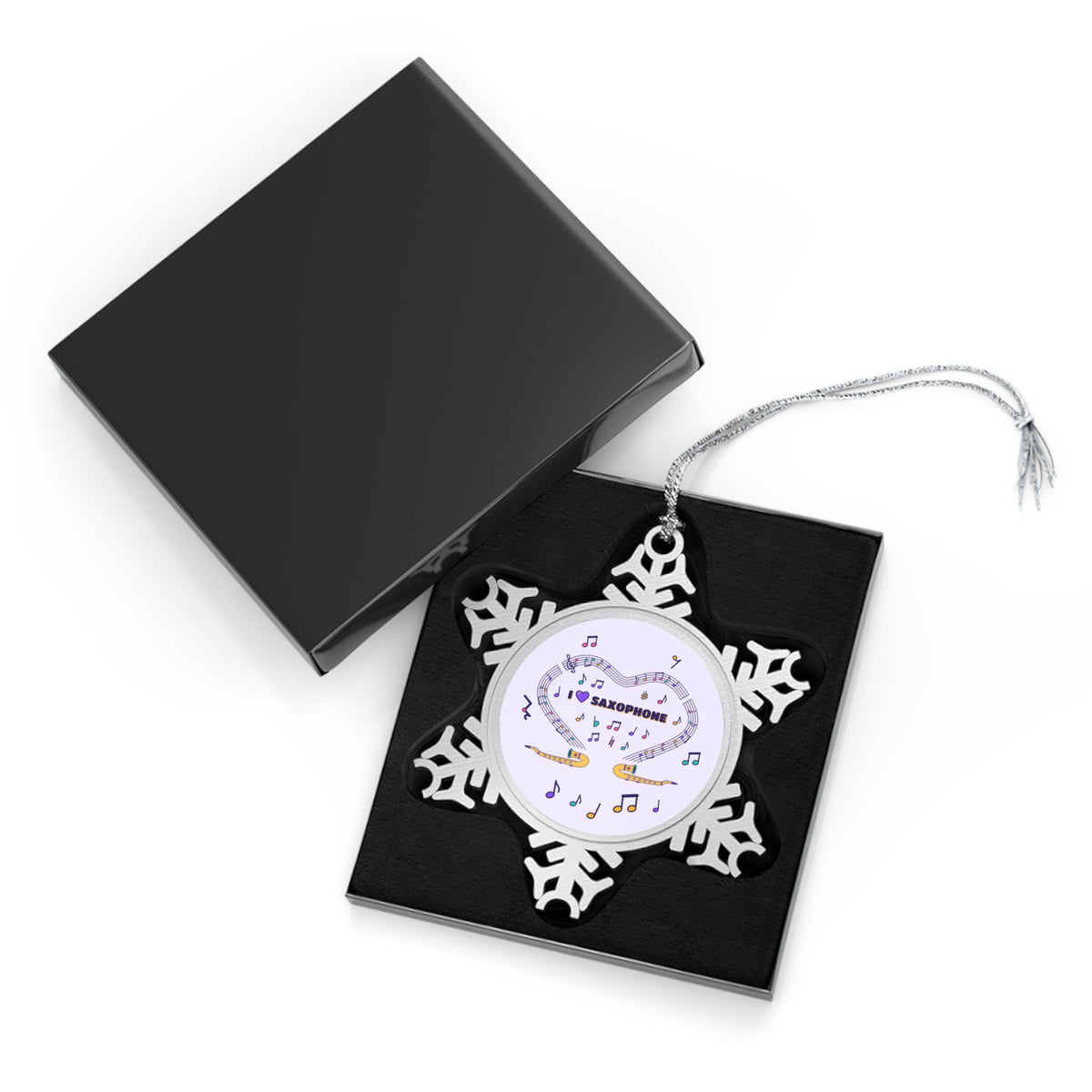 Music-themed Pewter Snowflake Ornament: 'I love saxophone' - violet