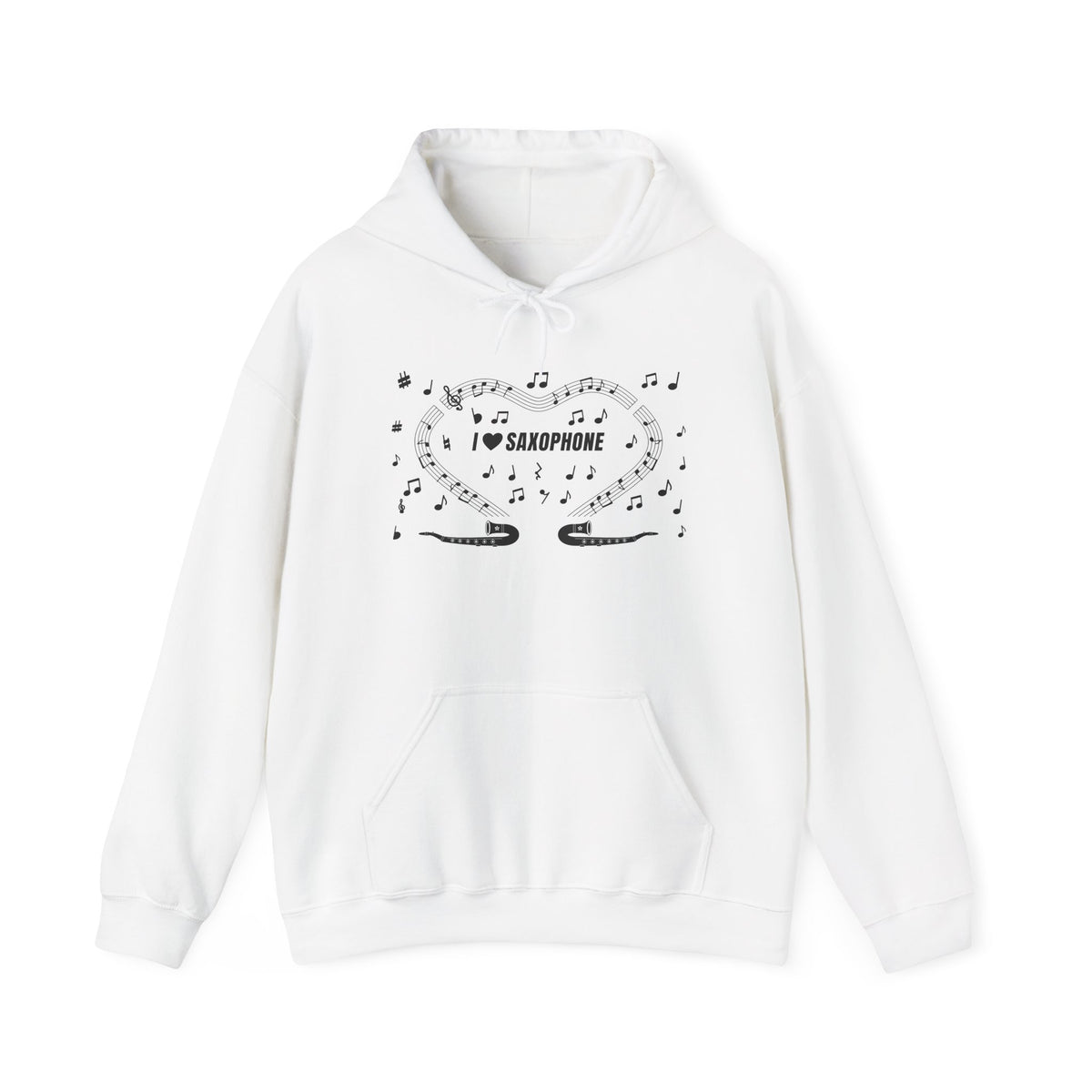 Music-themed Unisex Heavy Blend Hooded Sweatshirt: 'I love saxophone' - black on white