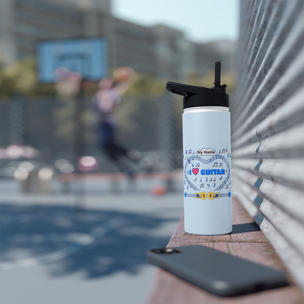 Music-themed Stainless Steel Water Bottle, Standard Lid: 'I love guitar' - blue