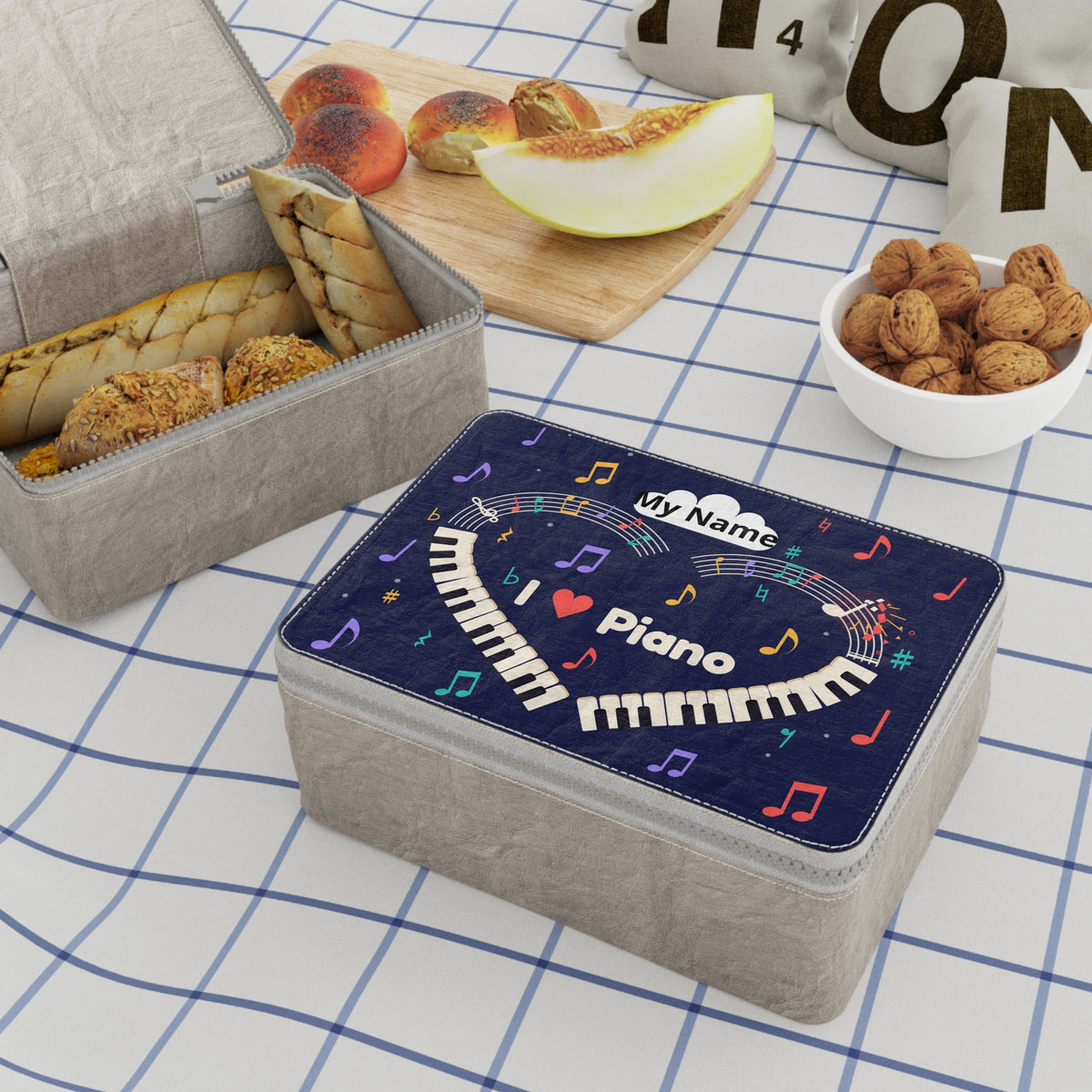Music-themed Paper Lunch Bag: 'I love piano' heart - navy