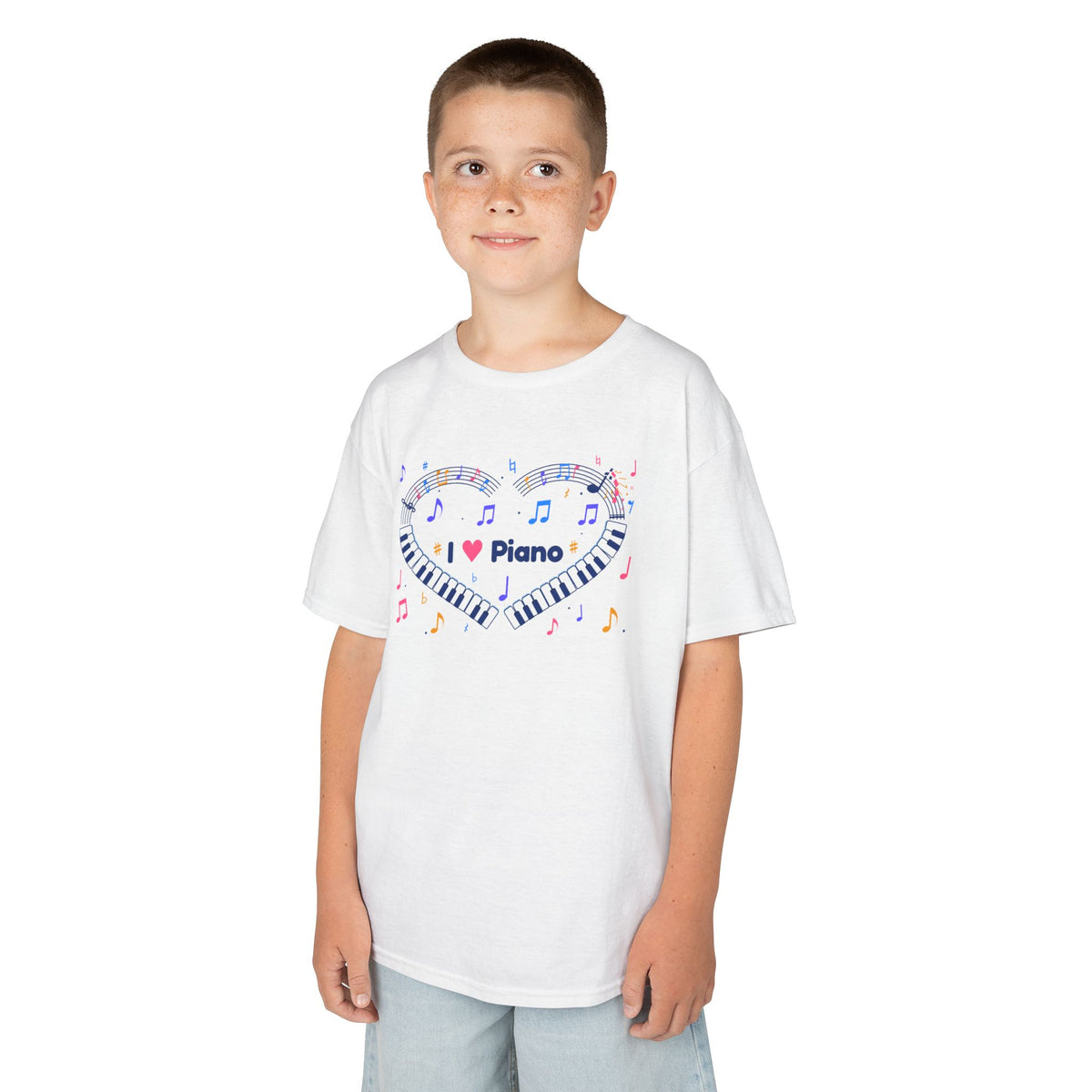 Music-themed Kids Heavy Cotton Tee: 'I love piano' heart - blue