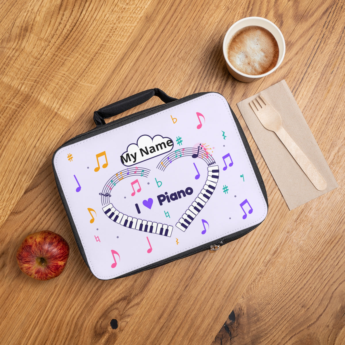 Music-themed Lunch Bag: 'I love piano' heart - violet