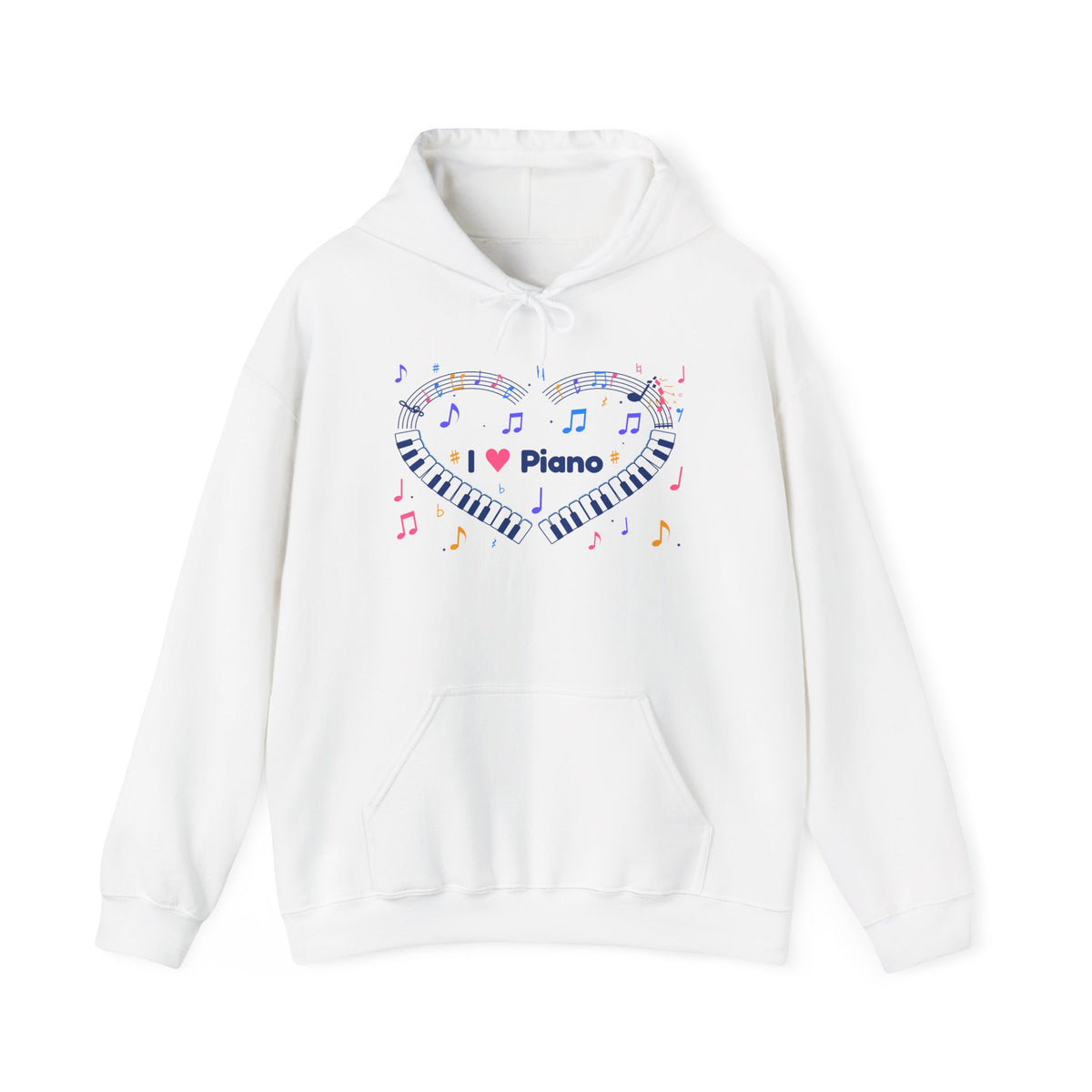 Music-themed Unisex Heavy Blend Hooded Sweatshirt: 'I love piano' heart - blue