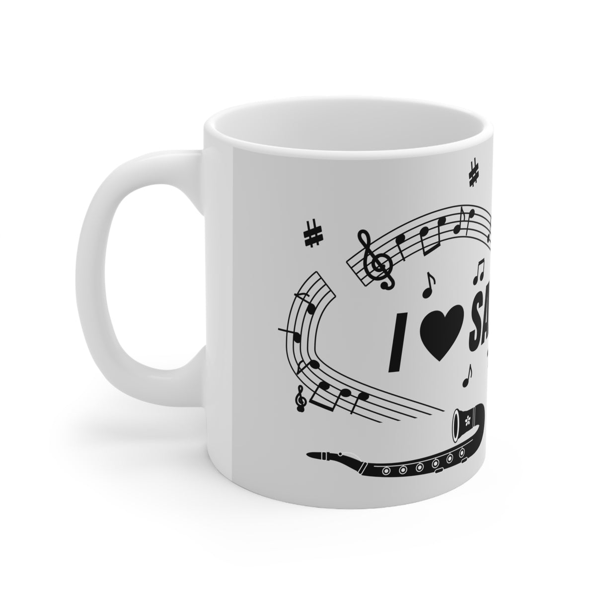 Music-themed Ceramic Mug, 11oz, 15oz: 'I love saxophone' - black on white