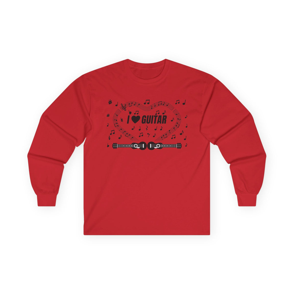 Music-themed Unisex Ultra Cotton Long Sleeve Tee: 'I love guitar' - black on white