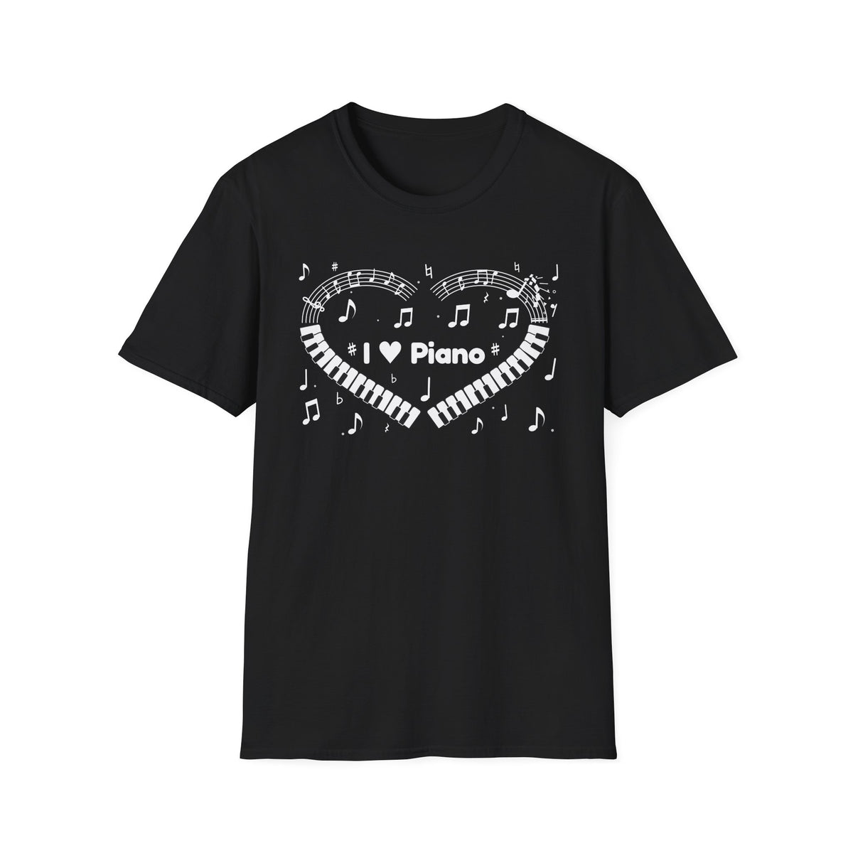 Music-themed Unisex Softstyle T-Shirt: 'I love piano' heart - black & white