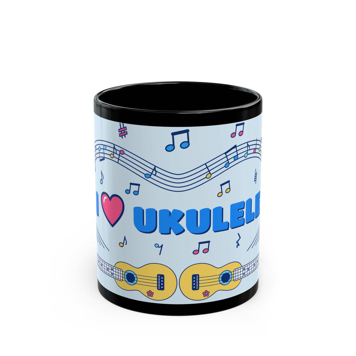 Music-themed Black Mug (11oz, 15oz): 'I love ukulele' - blue