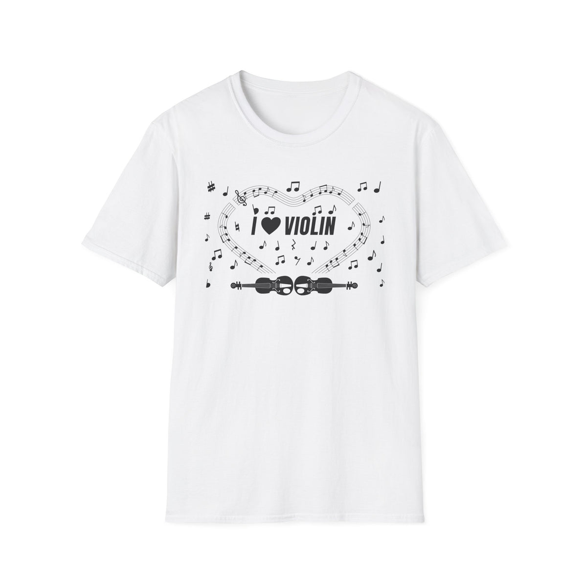 Music-themed Unisex Softstyle T-Shirt: 'I love violin' - black on white