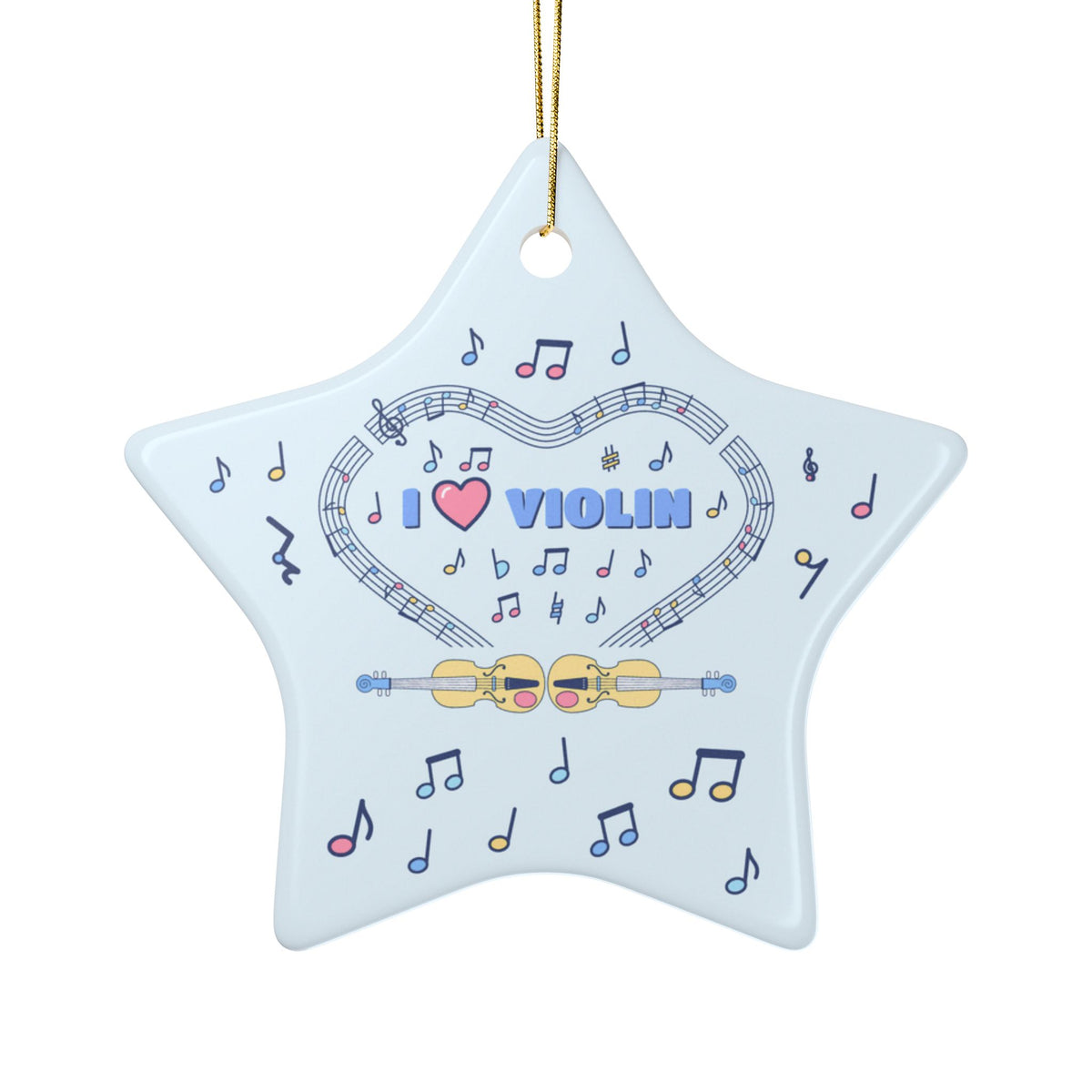Music-themed Ceramic Ornaments, 2-Side Print: 'I love violin' - blue