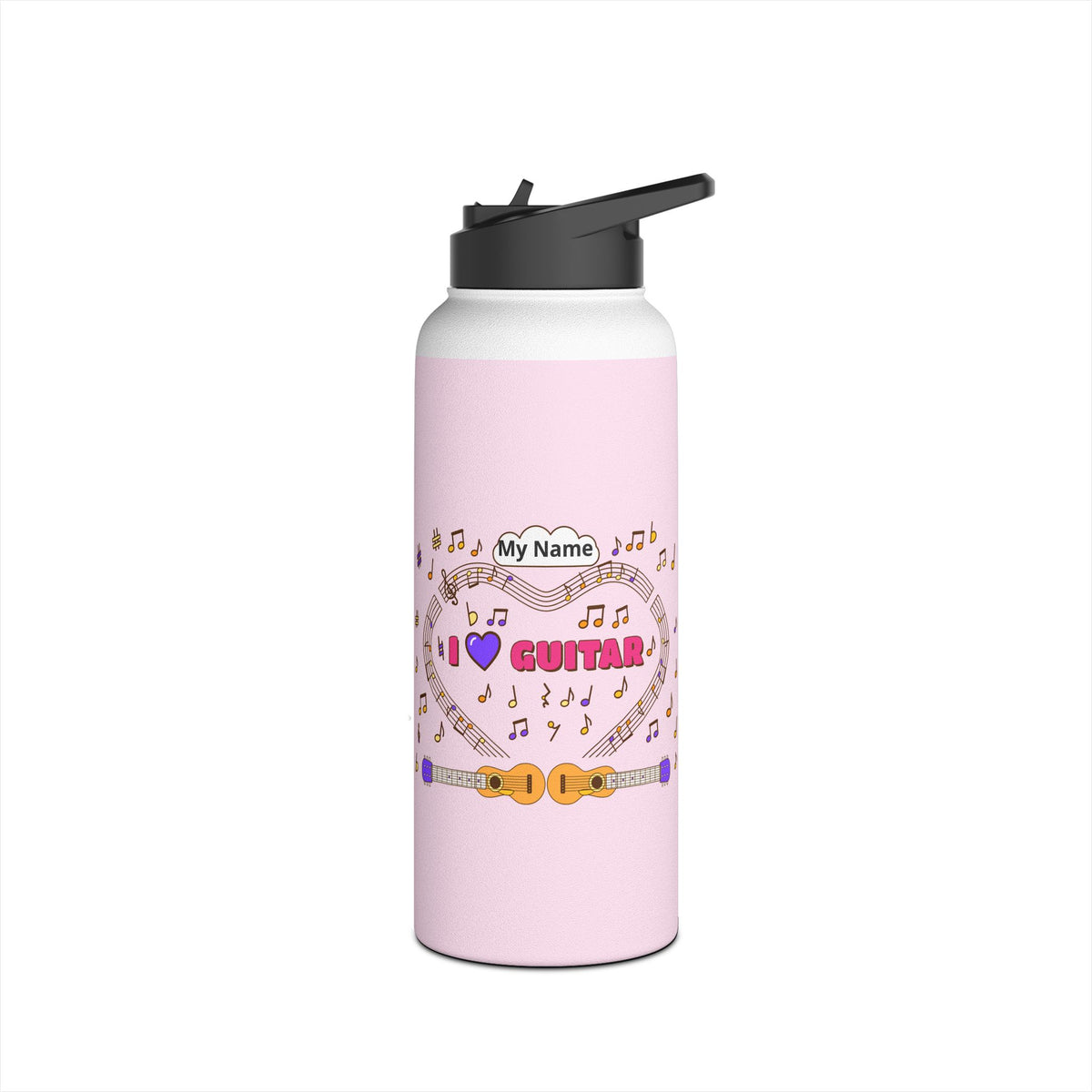 Music-themed Stainless Steel Water Bottle, Standard Lid: 'I love guitar' - pink