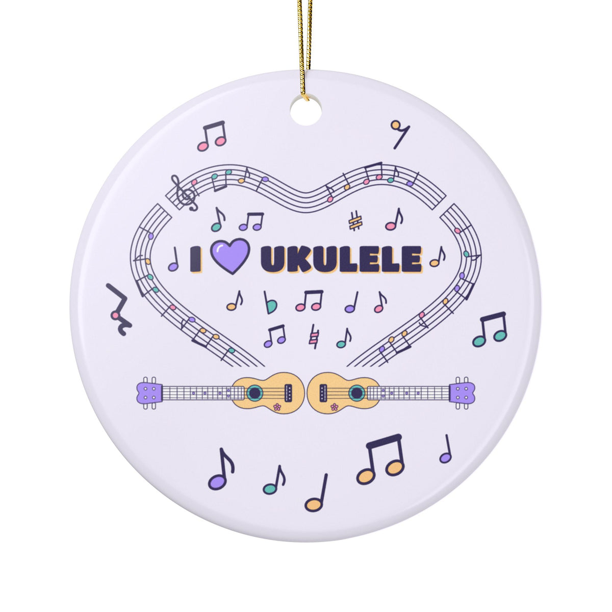 Music-themed Ceramic Ornaments, 2-Side Print: 'I love ukulele' - violet