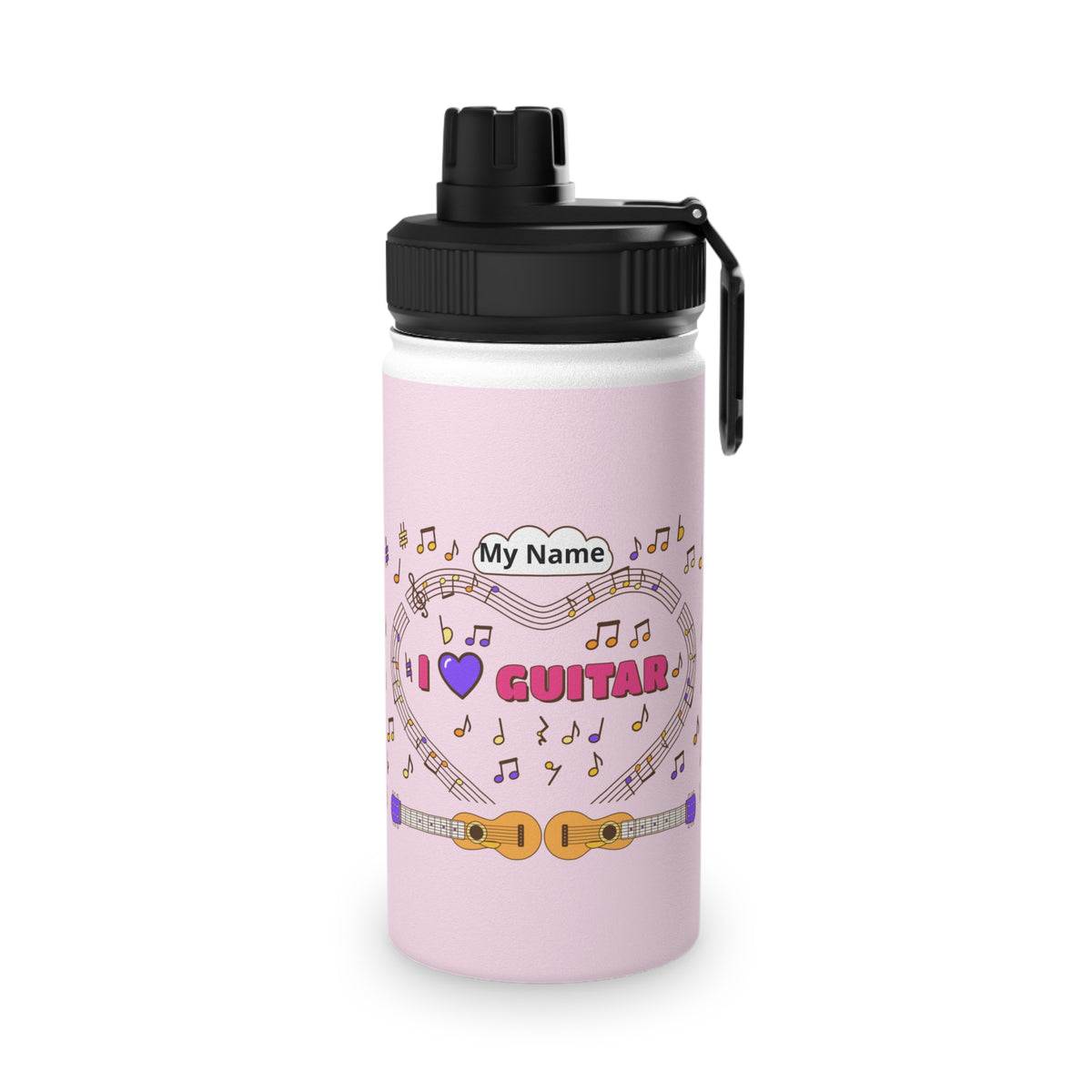 Music-themed Stainless Steel Water Bottle, Sports Lid: 'I love guitar' - pink