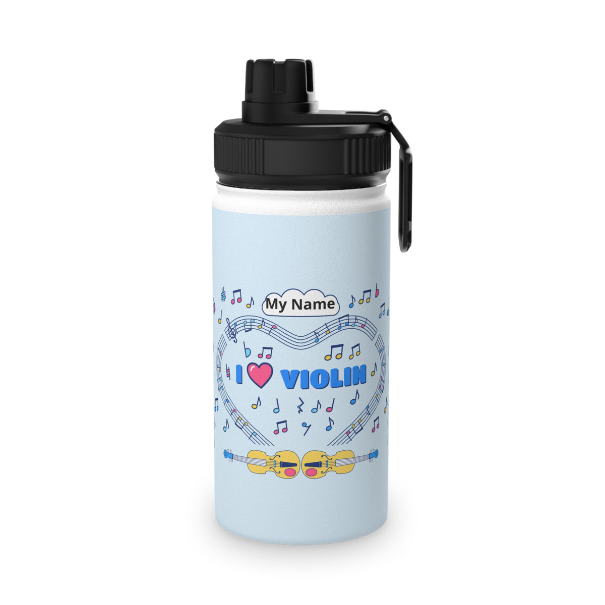 Music-themed Stainless Steel Water Bottle, Sports Lid: 'I love violin' - blue