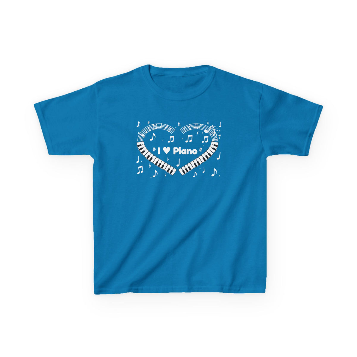 Music-themed Kids Heavy Cotton Tee: 'I love piano' heart - black & white