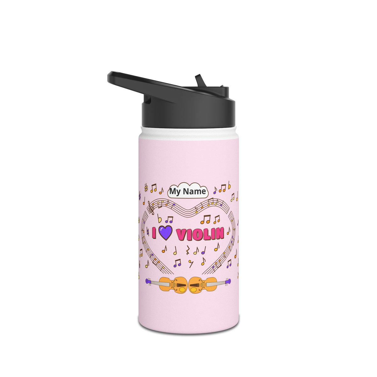 Music-themed Stainless Steel Water Bottle, Standard Lid: 'I love violin' - pink