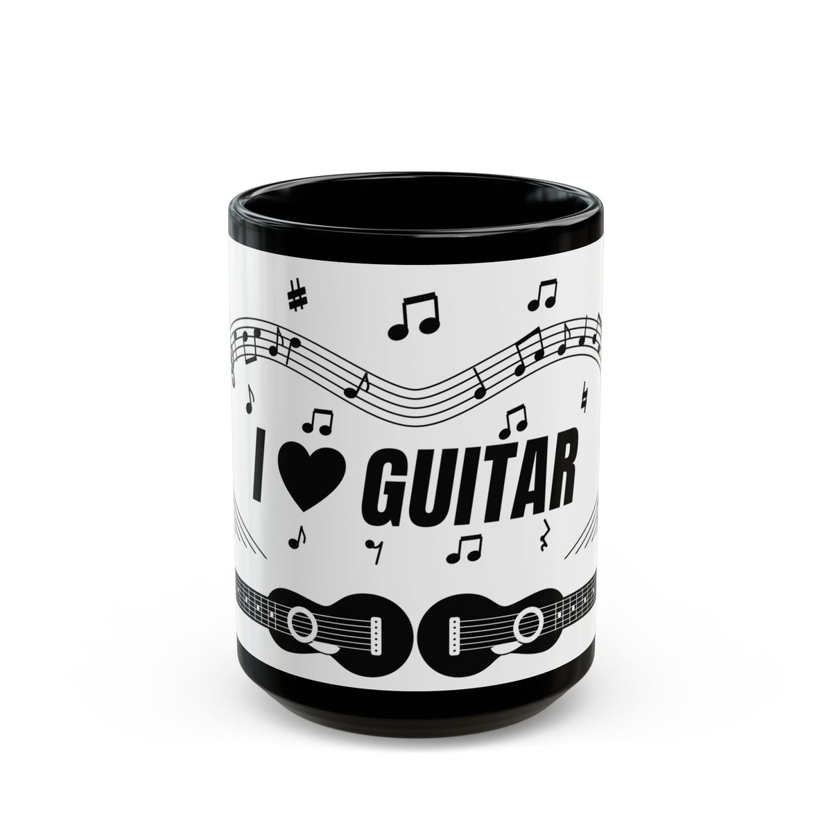 Music-themed Black Mug (11oz, 15oz): 'I love guitar' - black on white