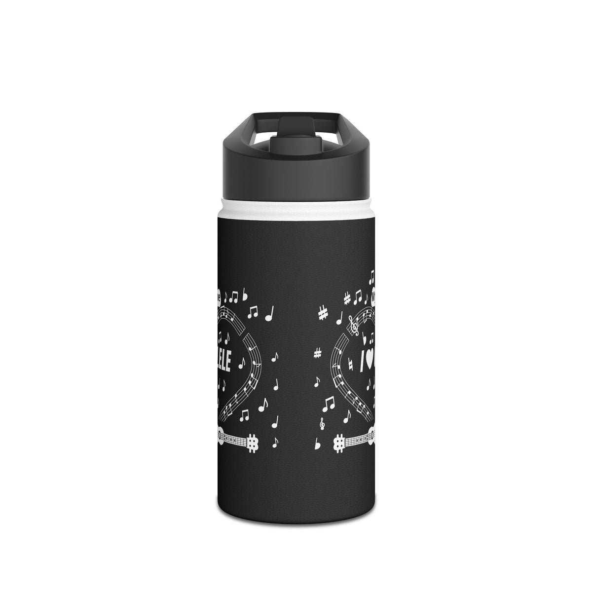 Music-themed Stainless Steel Water Bottle, Standard Lid: 'I love ukulele' - black & white