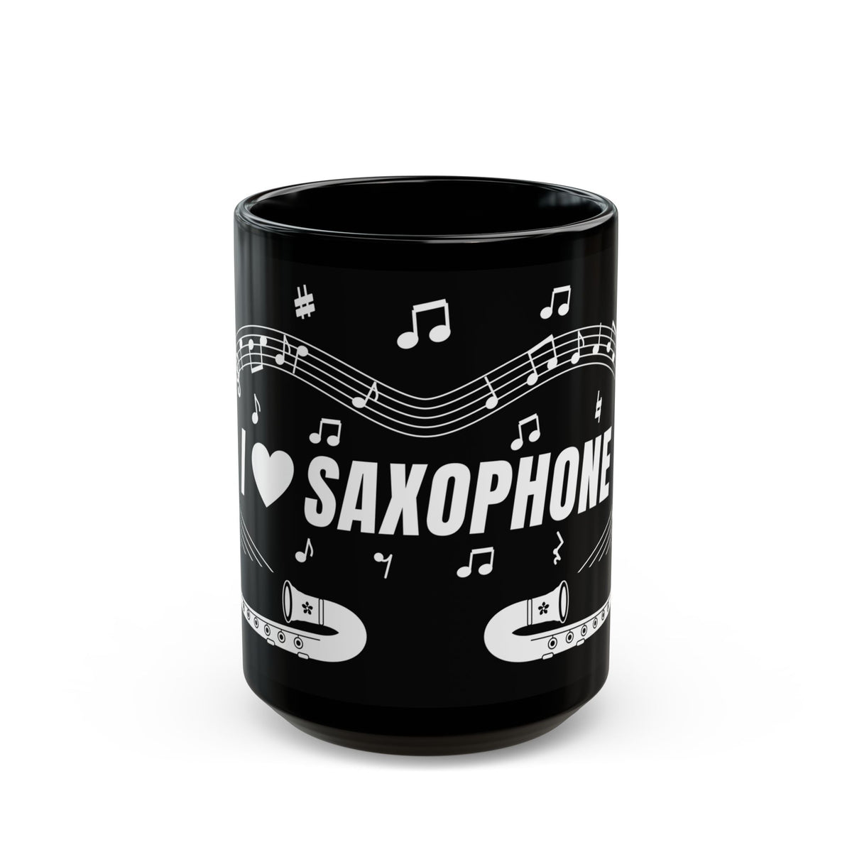 Music-themed Black Mug (11oz, 15oz): 'I love saxophone' - black & white