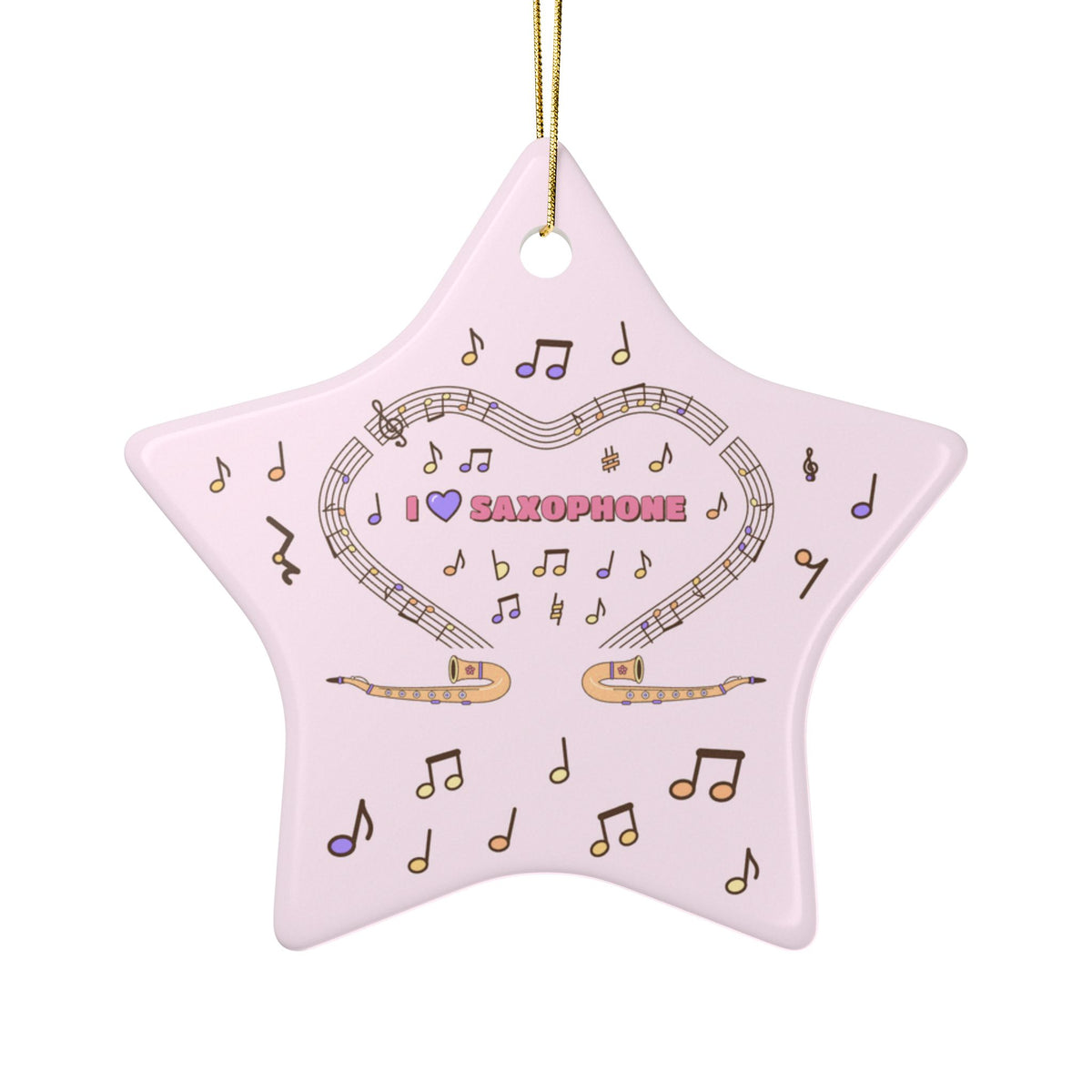 Music-themed Ceramic Ornaments, 2-Side Print: 'I love saxophone' - pink