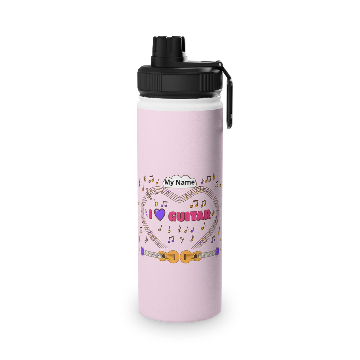 Music-themed Stainless Steel Water Bottle, Sports Lid: 'I love guitar' - pink