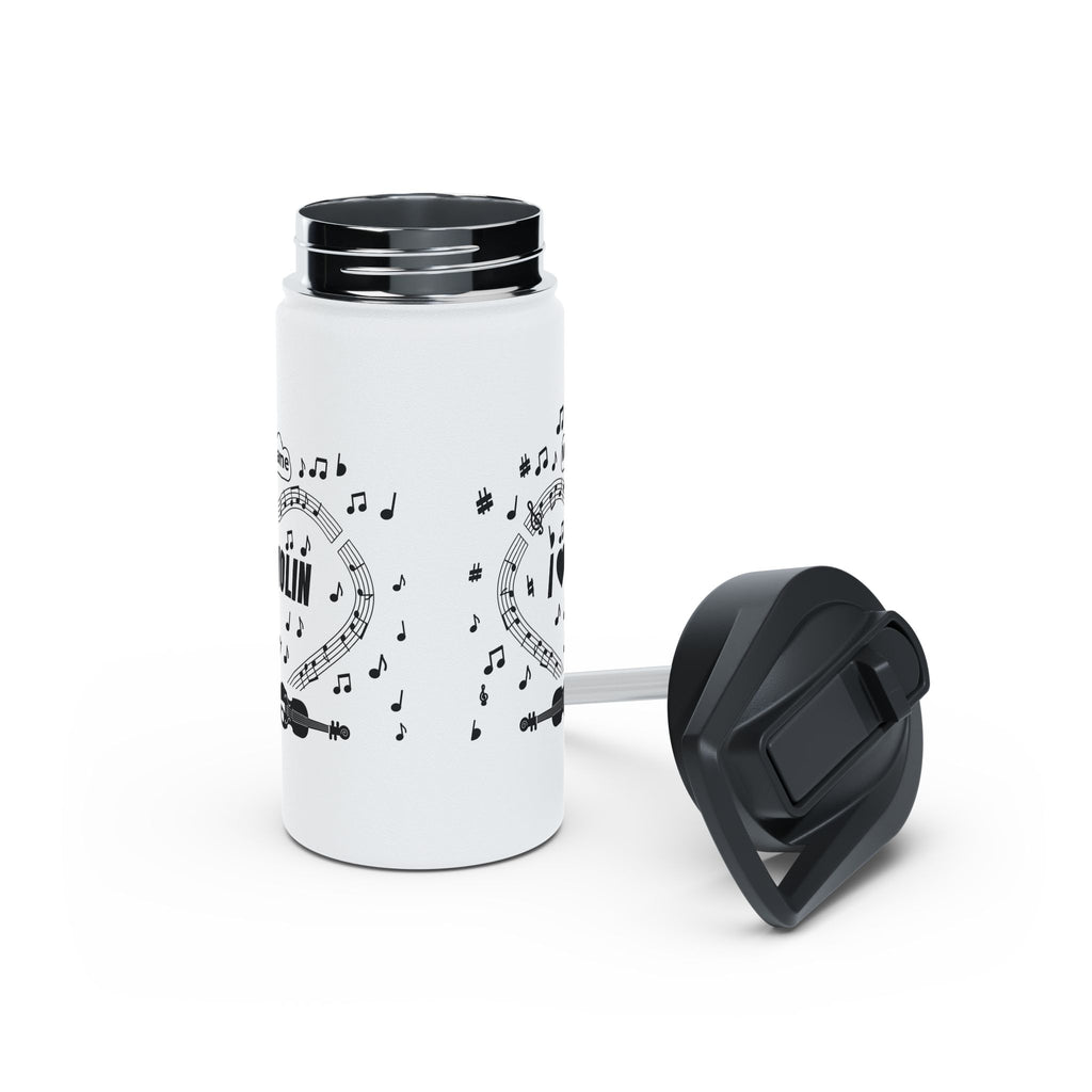 Music-themed Stainless Steel Water Bottle, Standard Lid: 'I love violin' - black on white