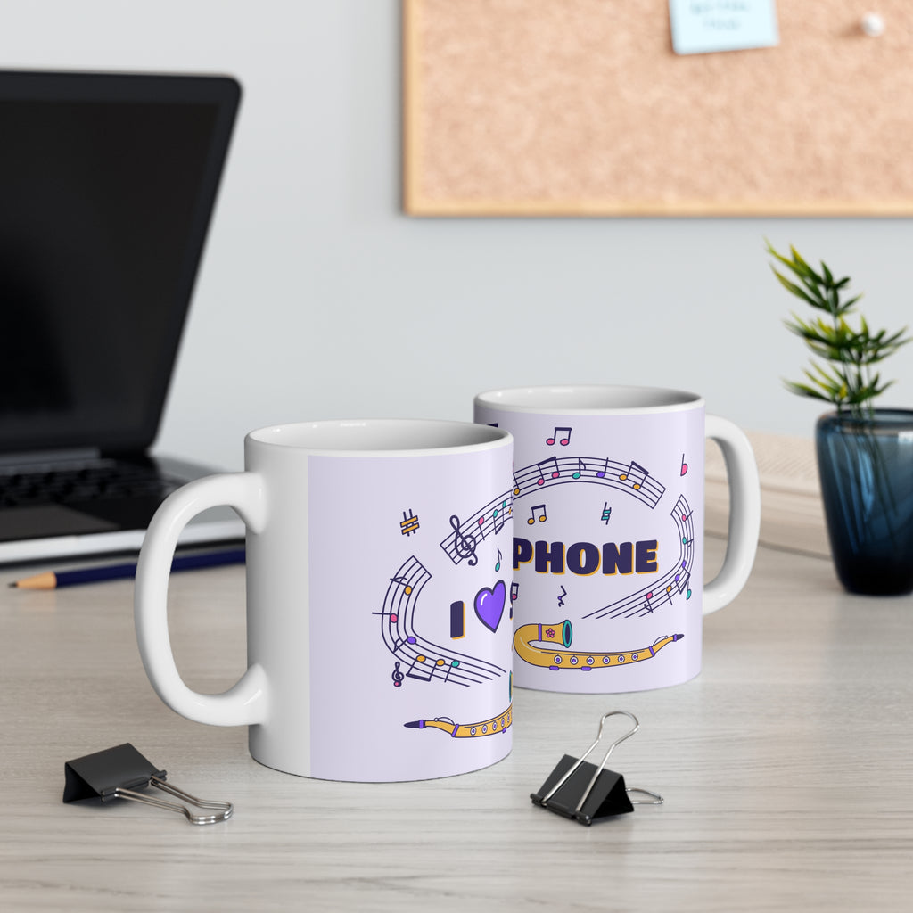 Music-themed Ceramic Mug, 11oz, 15oz: 'I love saxophone' - violet