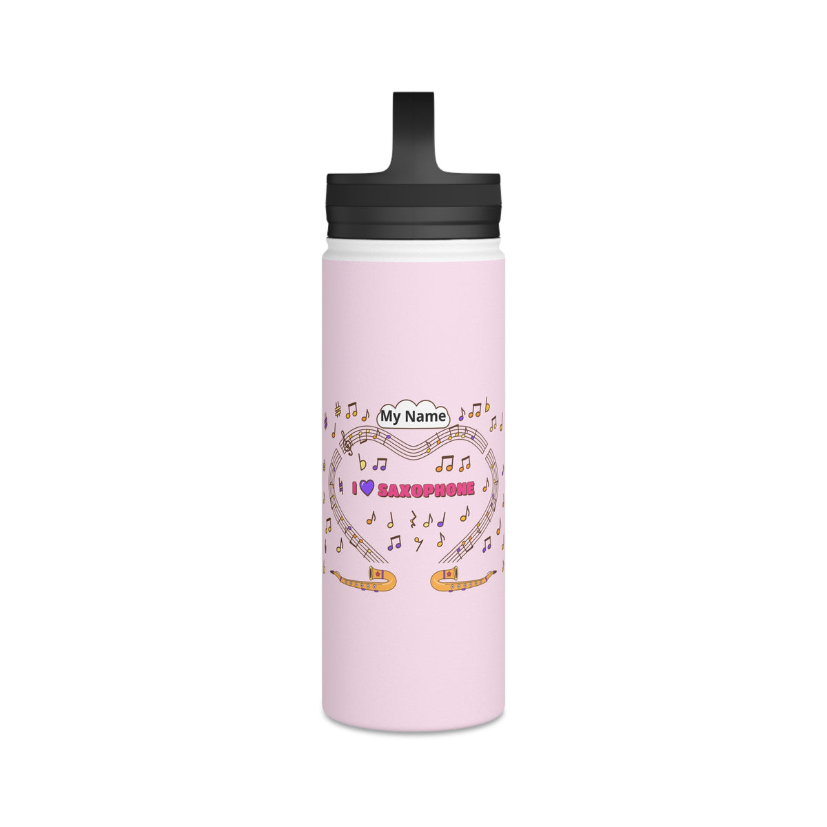 Music-themed Stainless Steel Water Bottle, Handle Lid: 'I love saxophone' - pink