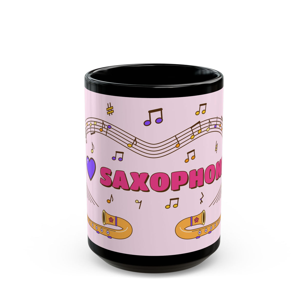 Music-themed Black Mug (11oz, 15oz): 'I love saxophone' - pink