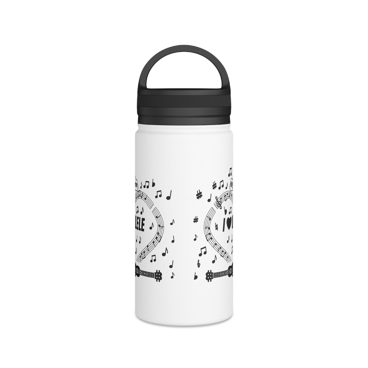 Music-themed Stainless Steel Water Bottle, Handle Lid: 'I love ukulele' - black on white