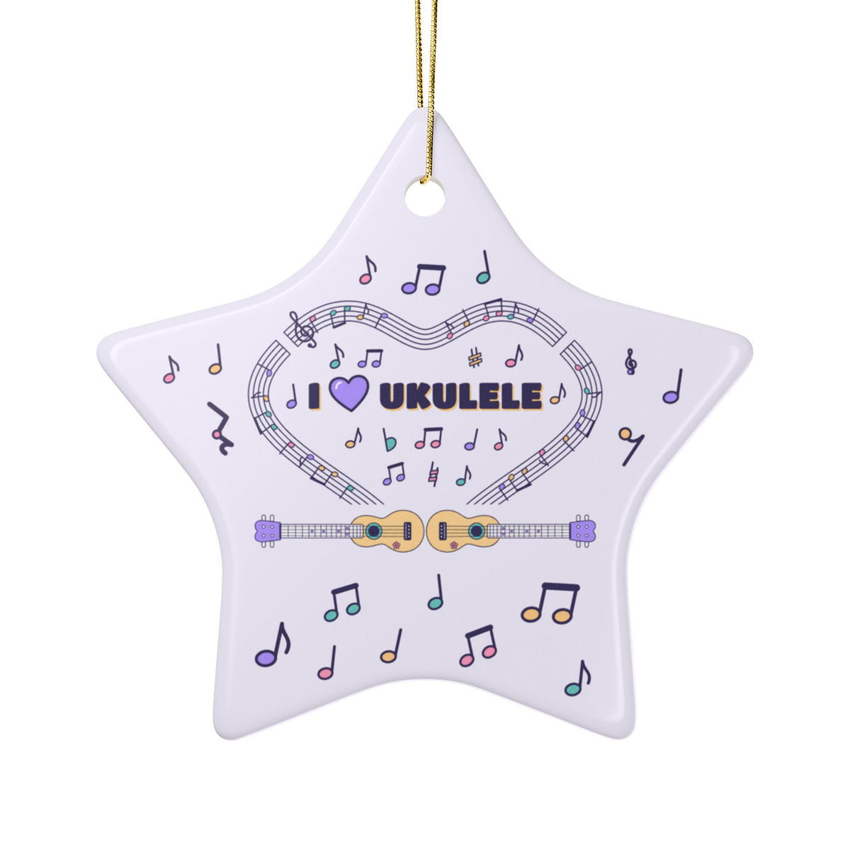 Music-themed Ceramic Ornaments, 2-Side Print: 'I love ukulele' - violet
