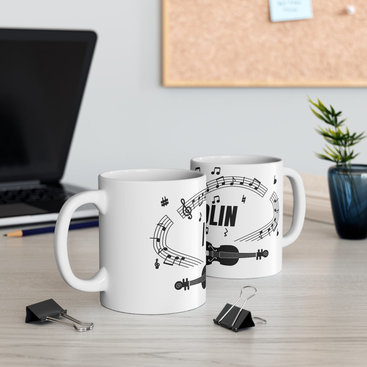 Music-themed Ceramic Mug, 11oz, 15oz: 'I love violin' - black on white