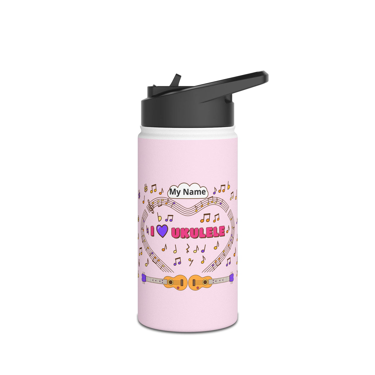 Music-themed Stainless Steel Water Bottle, Standard Lid: 'I love ukulele' - pink