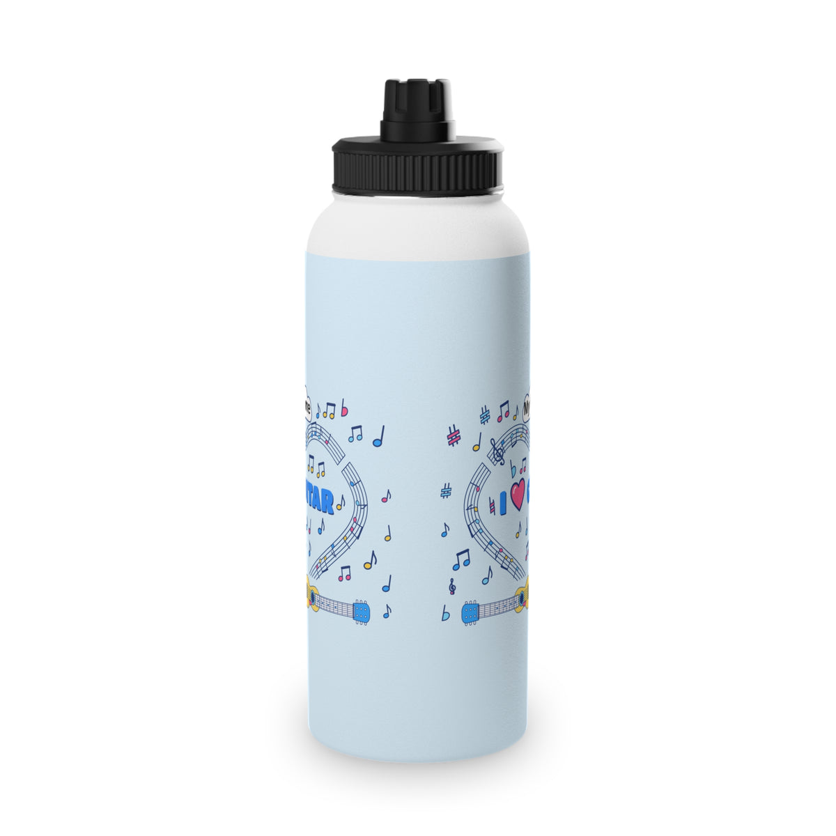 Music-themed Stainless Steel Water Bottle, Sports Lid: 'I love guitar' - blue